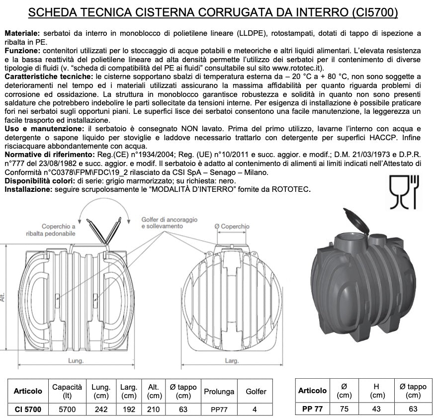 Rototec CL5700 Serbatoio cisterna corrugata da interro capacità 5700 litri