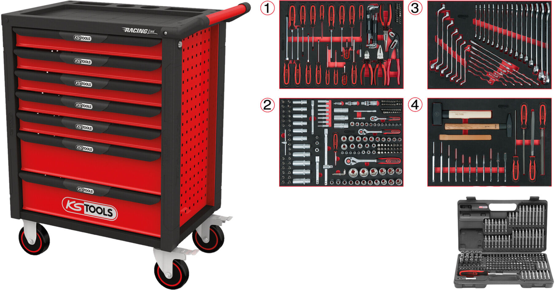 KS Tools RACINGline SCHWARZ/ROT Werkstattwagen mit 7 Schubladen und 515 Premium-Werkzeugen (826.7515)