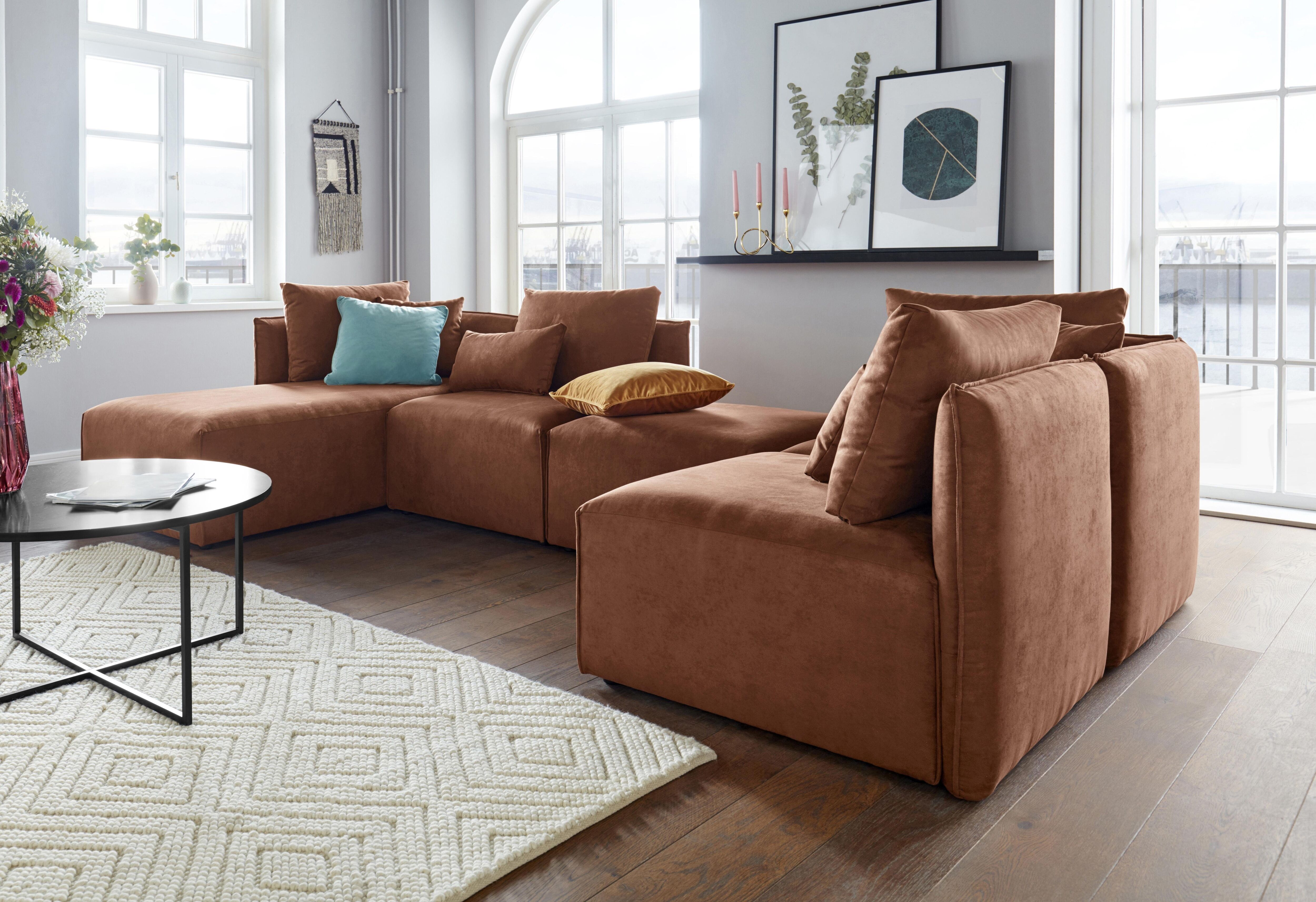 Wohnlandschaft GOODPRODUCT "Nöre U-Form", braun (cognac), B:340cm H:86cm T:172cm, Struktur fein (100% Polyester);Struktur (100% Polypropylene);Webstoff (100% Polyester);Samtoptik (100% Polyester);Luxus-Microfaser Lederoptik (100% Polyester);Baumwoll-/Lein