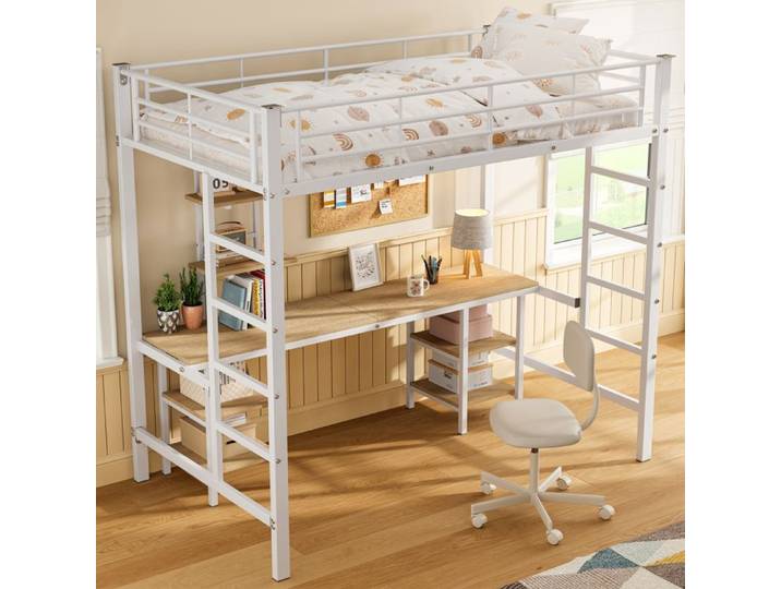 Lit Mezzanine - MERAX - 90x200 - Métal Blanc - Bureau Intégré - Étagères Incluses