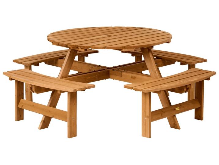 BELIANI Picknicktisch-Set Hellbraun Tannenholz Lattenoptik Modernes Design Gartenmöbel-Set Picknicktisch Rund ⌀ 110 cm mit 4 Bänken und Schirmloch