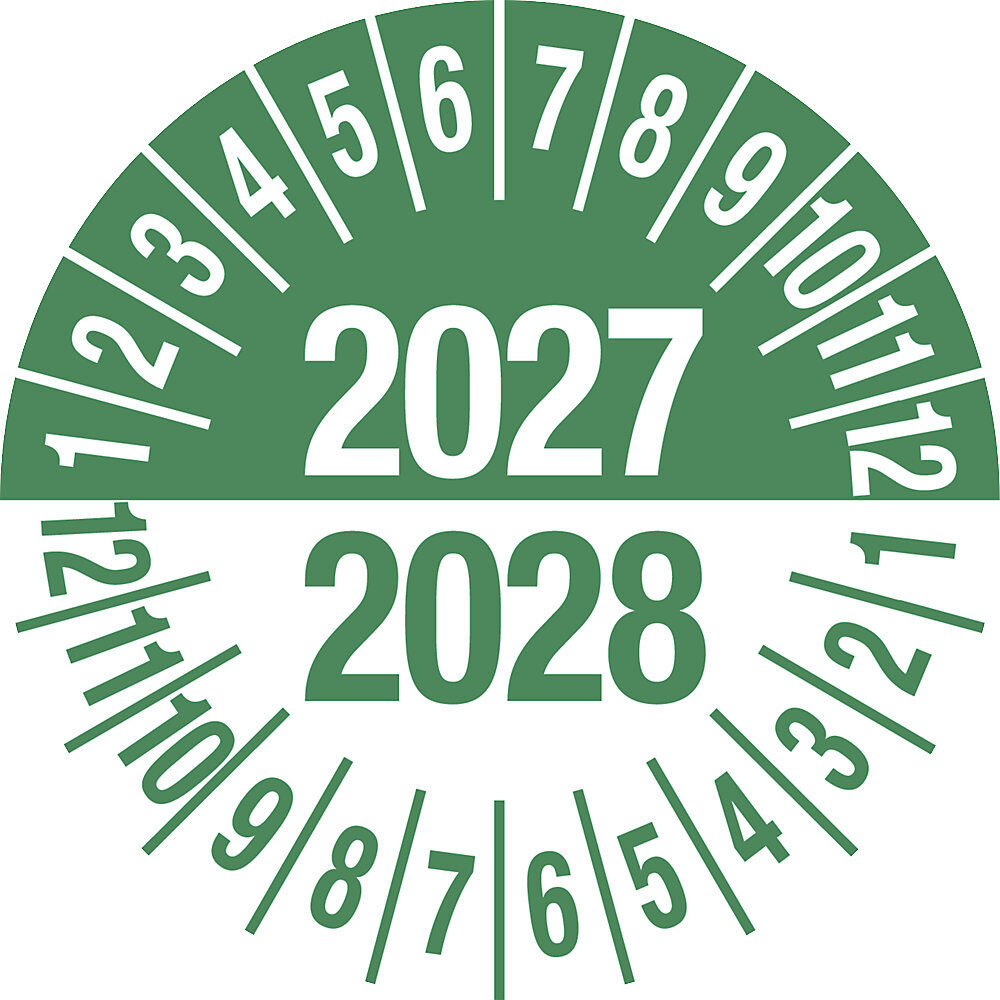 kaiserkraft Prüfplakette, Mehrjahreszahlen, grün, Dokumentenfolie, Ø 35 mm, VE 10 Stk, 2027/2028