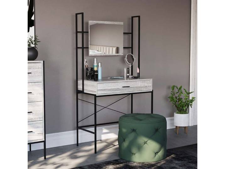 Coiffeuse Brooklyn grise avec 1 tiroir – Bureau maquillage avec miroir