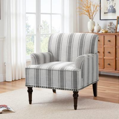 Uixe Striped Upholstered Linen Armchair with Brass Nailhead Trim