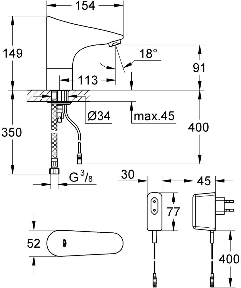 Grohe Europlus E Waschtischarmatur ohne Mischung mit Steckertrafo
