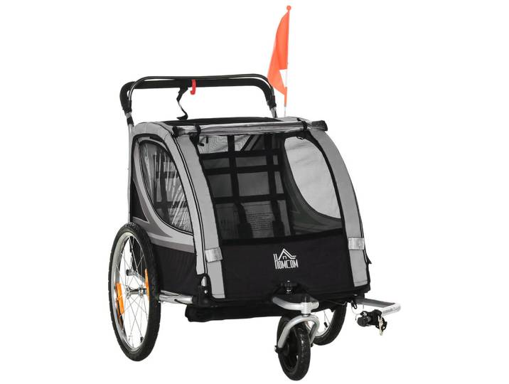 Homcom Kinderfahrradanhänger, Stahl, Polyester, Grau+Schwarz, Kunststoff, 75x101x142 cm, Freizeit & Co, Sport & Fitness, Fahrradanhänger