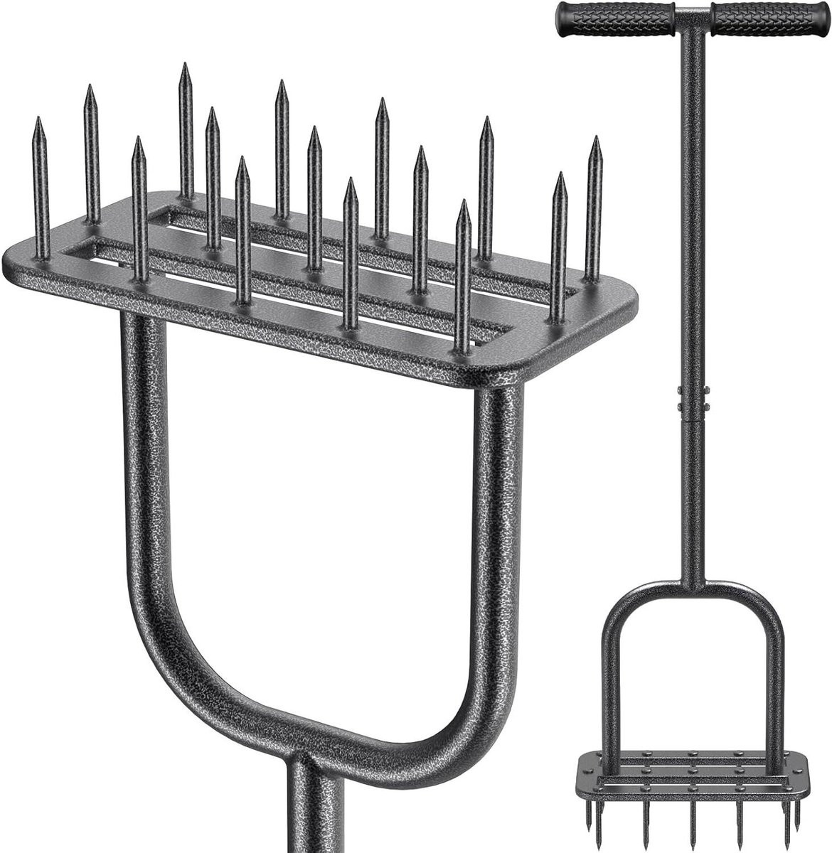 Gazonbeluchter Handmatig met 15 Roestvrijstalen Spikes en 89 cm Lange Steel - Zwart
