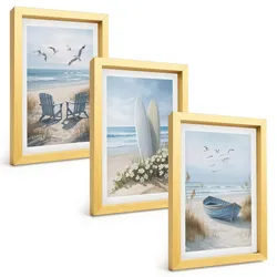 BILDER SET 3er Set - 20x30 cm Goldrahmen - Strand Surfbretter Vögel