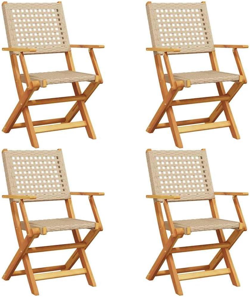 4er-Set beige Klappstühle aus PE-Rattan und massivem Akazienholz für Garten, Terrasse und Balkon