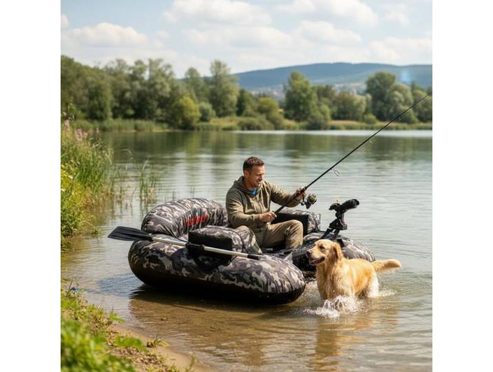 Bateau de pêche gonflable avec support de canne à pêche réglable, support de crochet, pagaie en aluminium, camouflage