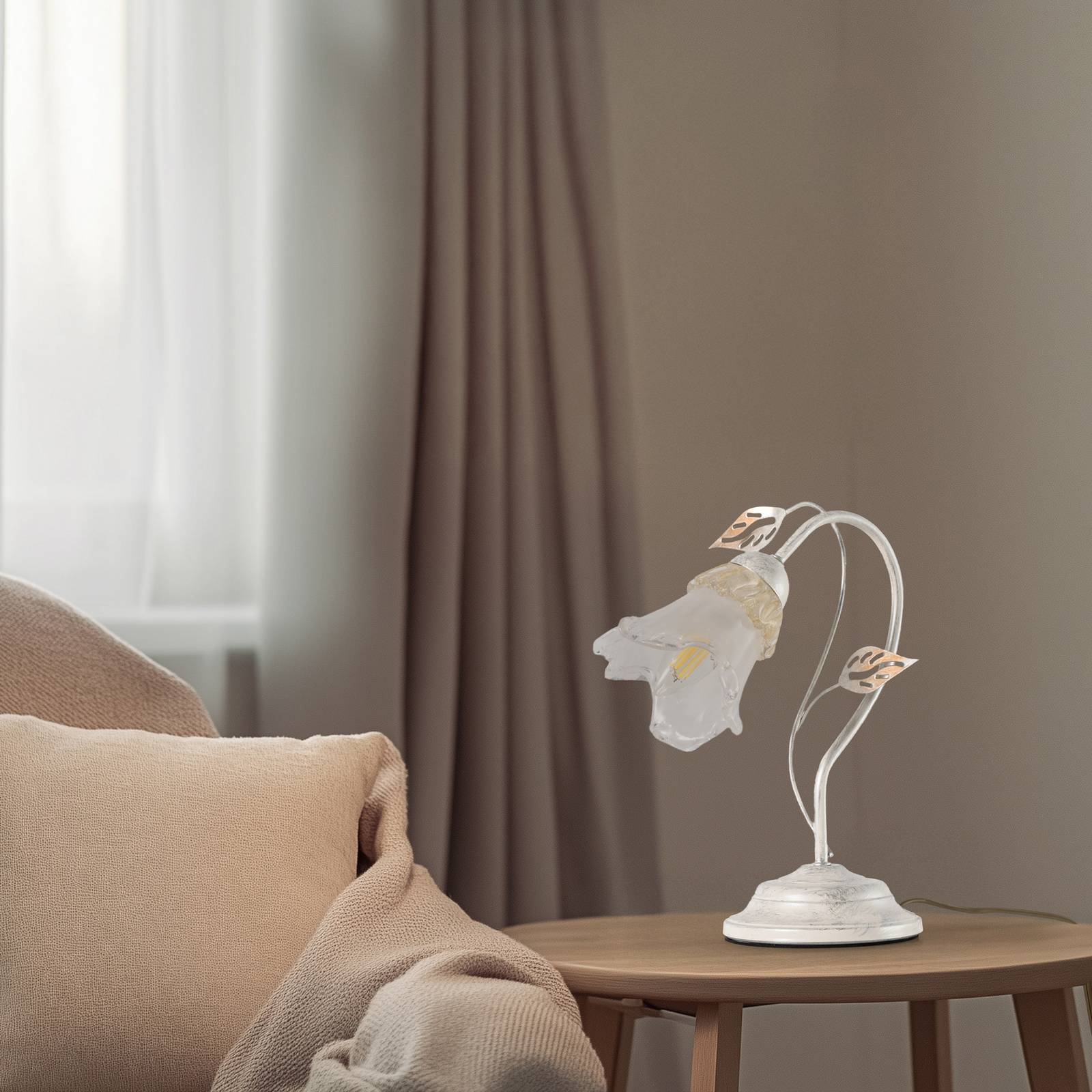 Tischleuchte Lancia, elfenbeinfarben, 1-flammig, Eisen, Glas Lancia ONLI, weiß / opal, für Wohn- / Esszimmer, Metall, Florentiner, Tischlampe
