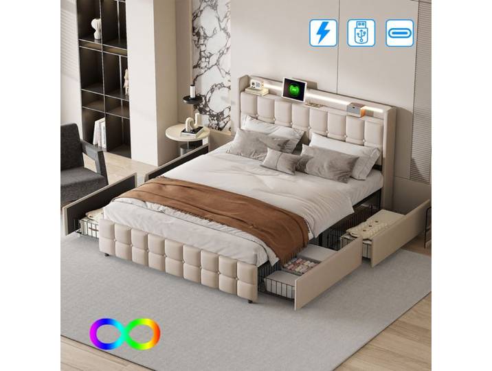 Lit double capitonné - SOMUBI - 180x200 cm - Tête de lit avec LED - 4 tiroirs de rangement - Beige