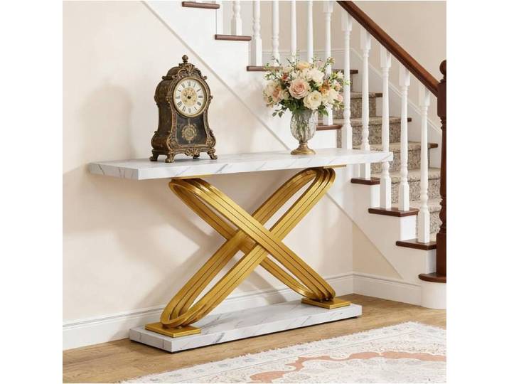 Table console design – plateau effet marbre blanc – structure métallique dorée – 140 cm