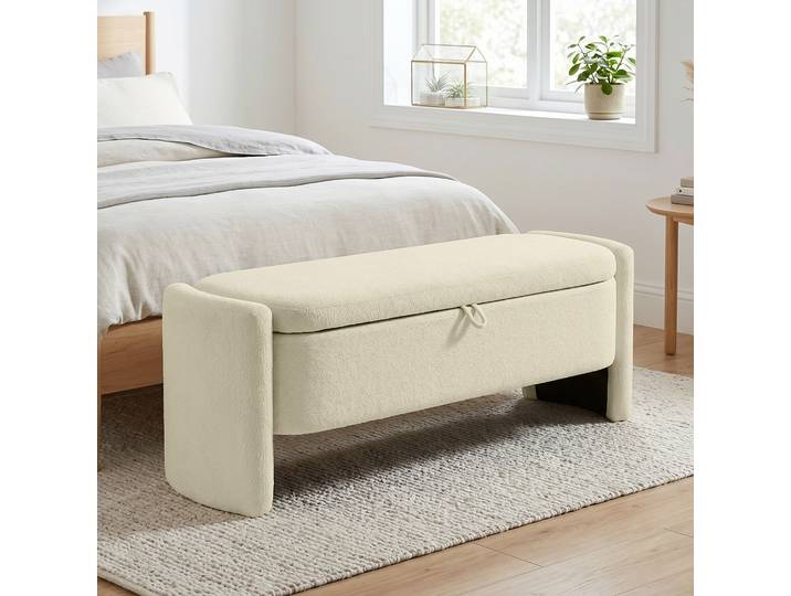 HOMCOM Banc Rangement Tissu Bouclé 118cm Pieds Bois Crème