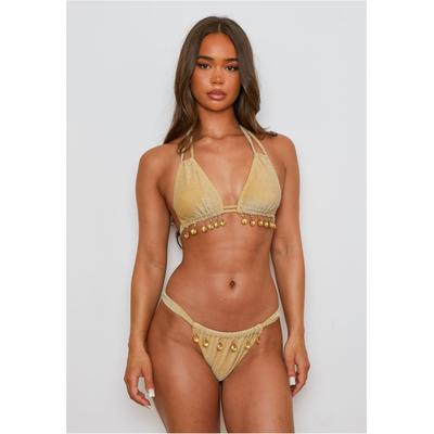 Bikini-Hose MODA MINX "Lumiere Droplet", Damen, Gr. L, US-Größen, gold (goldfarben), 85% Polyester, 8% Elasthan, 7% Metall, unifarben, Badehosen Bikini-Hose, mit wunderschönen Anhängern
