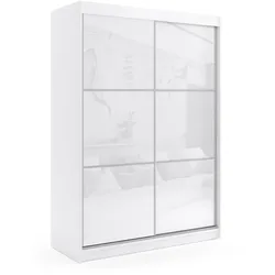 KLEIDERSCHRANK mit Lacobel-Schiebetüren und Aluminium- Leisten, LED-Beleuchtung - VIVONA - 120 cm Weiß