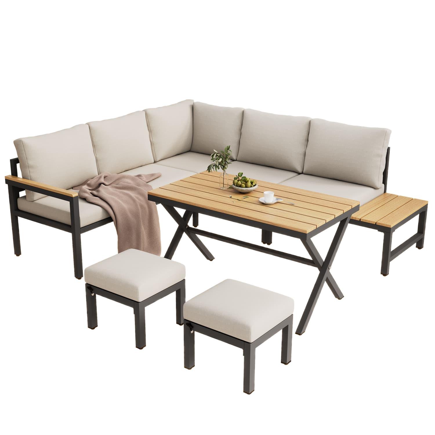 Garten-Essgruppe, Garten-Loungestuhl-Set, 4-teiliges Set. Gartenmöbel-Set, Ecksofa, 2 Hocker, Esstisch,Holz-Tischplatte mit Ablagen,verzinkter Stahl
