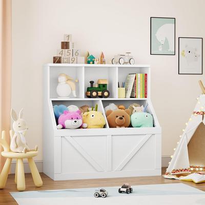 Garvee Kids Toy Storage Organizer, Wooden Kids Bookshelf with Bins for Playroom, Bedroom, Vintage White
