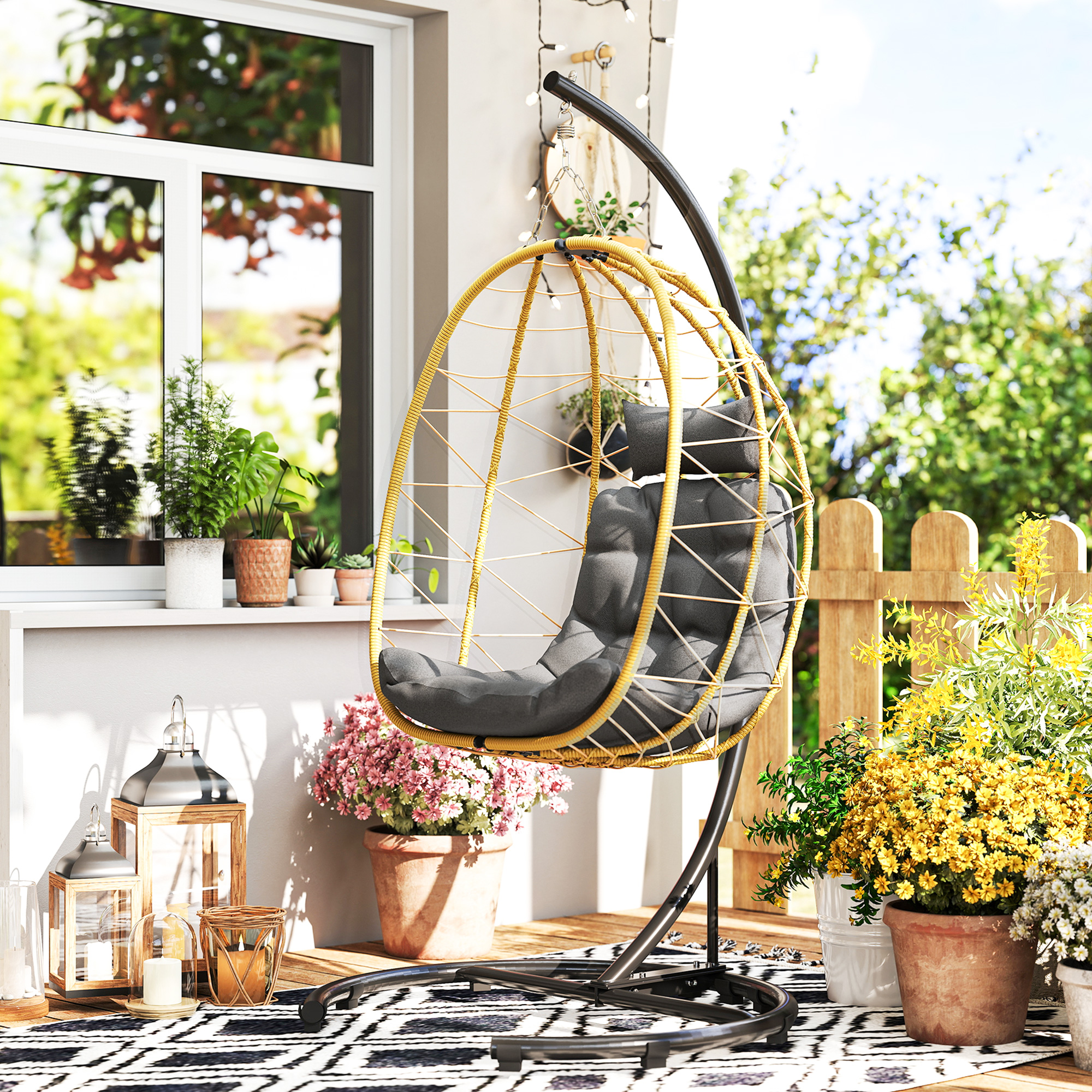 Outsunny Poltrona Sospesa e Pieghevole con Cuscini, in Acciaio e Rattan PE, 102x102x195 cm, Nera Grigia e Beige Aosom