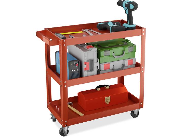 Relaxdays Werkstattwagen, Werkzeugwagen mit 3 Ebenen, mobiler Montagewagen, bis 100 kg belastbar, HBT: 76x78x35 cm, rot