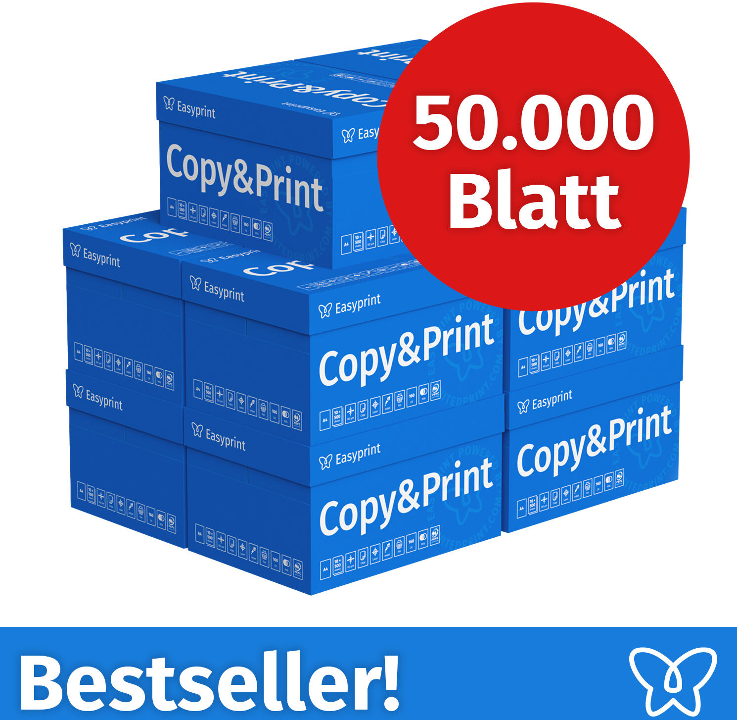 Easyprint Druckerpapier Kopierpapier 50000 Blatt 100 x 500 A4 Premium Hochweiß CIE 160 Testsieger PEFC zertifiziert
