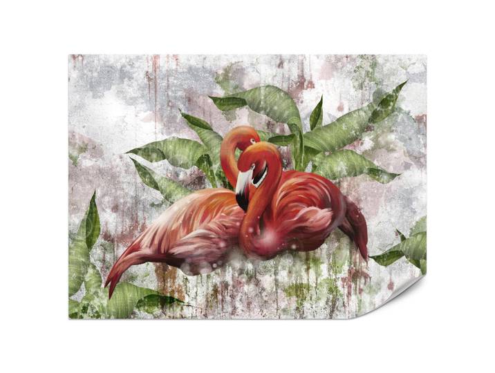 Muralo Fototapete für Schlafzimmer Abstrakte Flamingos Beton Tropische Blätter Palmen Natur 350x256, Mehrfarbig, Papier, Tiere, Rechteckig, 350x256 cm, Tapeten & Wandverkleidungen, Fototapeten