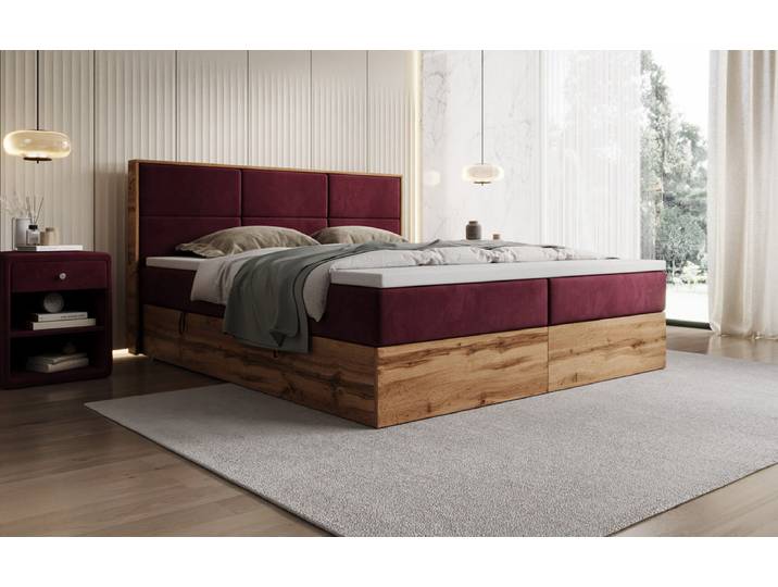 Boxspringbett Timber Panel mit Stauraum in Samt - 180x200 - Bordeaux - H4 (100kg+) - Luxusbetten24