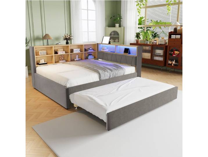 Lit gigogne 140x200 90x190 LED prises de charge nombreux rangements flanelle gris foncé