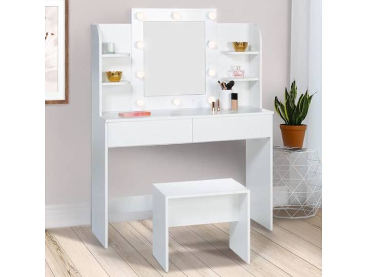 IDMARKET Coiffeuse ZELIA blanche table de maquillage 4 étagères miroir LED et tabouret