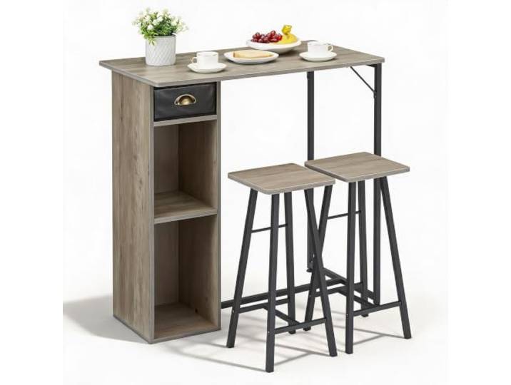 GarveeTech Essgruppe 3-teilig Barhöhe Tischset 2 Personen Industrie Grau Küchentischset mit Stauraum, Hockern und platzsparendem Design für kleine Räume