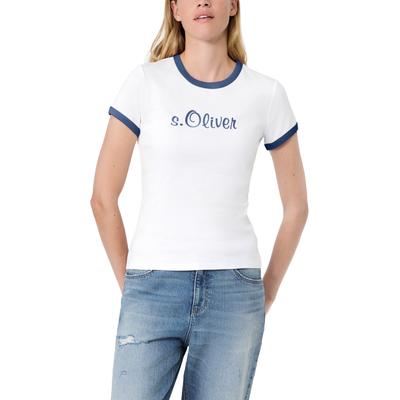 Kurzarmshirt S.OLIVER "s.Oliver X Heidi Klum Logo T-Shirt", Damen, Gr. 38, weiß (dusty indigo), Jersey, Obermaterial: 100% Baumwolle, bedruckt, normal hüftbedeckend, Rundhals, abgesteppte Kante kontrastfarben, Shirts, mit Logo-Print /...