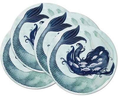 CounterArt Mermaid Scales 4 Pack Round Reversible Easy Care Flexible Plastic Placemats Made in The USA Reversible, Flexible, Wipes Clean