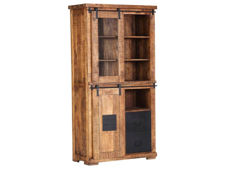 Landscape Vitrine, Natur, Schwarz, Holz, Metall, Glas, Mangoholz, massiv, 4 Fächer, 2 Schublade(n) Schubladen, 100x190x45 cm, stehend, Holzmöbel, Holzschränke, Vitrinen Holz, Vitrinenschränke Holz