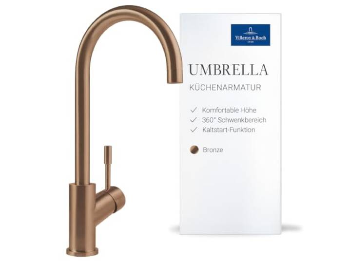 Villeroy & Boch Umbrella Küchenarmatur, Auslaufhöhe 275 mm – Bronze Kaltstart-Funktion, 360° Schwenkbereich, Durchflussbegrenzung, Hochdruck, 92530004