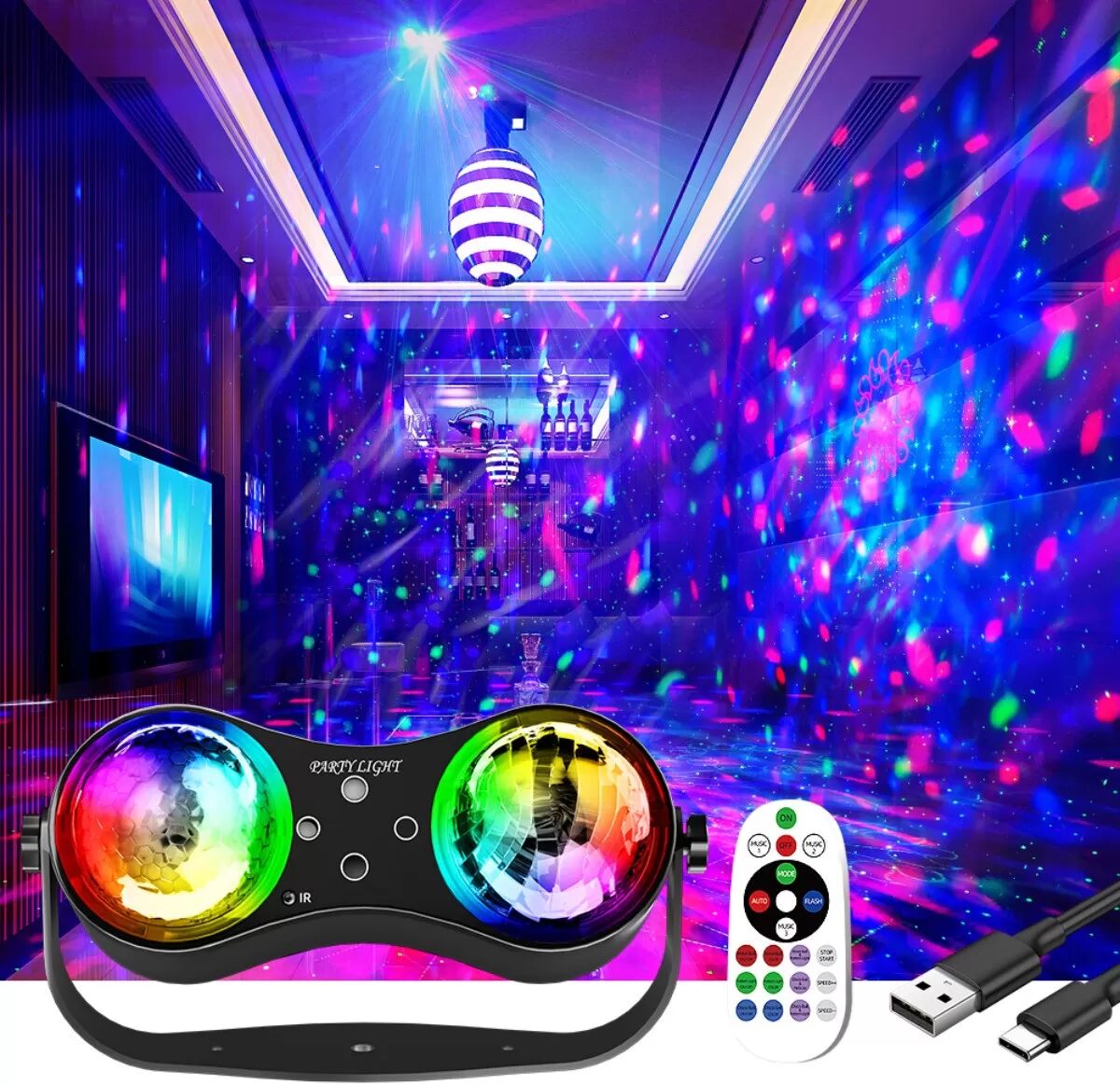 INF Lampe mini laser 12 lumières avec prise US - LEDs RGB+WPB, Type-C, télécommande, projection étoilée et stroboscope