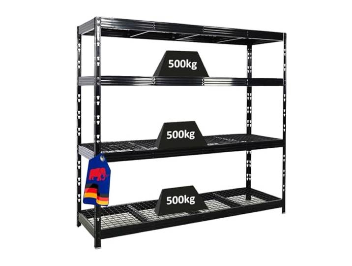 PROREGAL Profi Schwerlastregal Rhino EXTRA BREIT schwarz HxBxT 180x200x60cm Fachlast 500kg 4X Gitterrost-Ebenen Garagenregal, Lagerregal, Steckregal, Weitspannregal