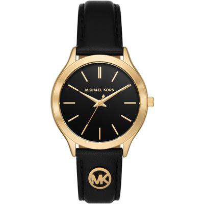 Quarzuhr MICHAEL KORS "SLIM RUNWAY", schwarz (schwarz, schwarz), Armbanduhren, Damen, gelbgoldfarben, Quarzuhr, Armbanduhr, Damenuhr, Lederarmband, analog