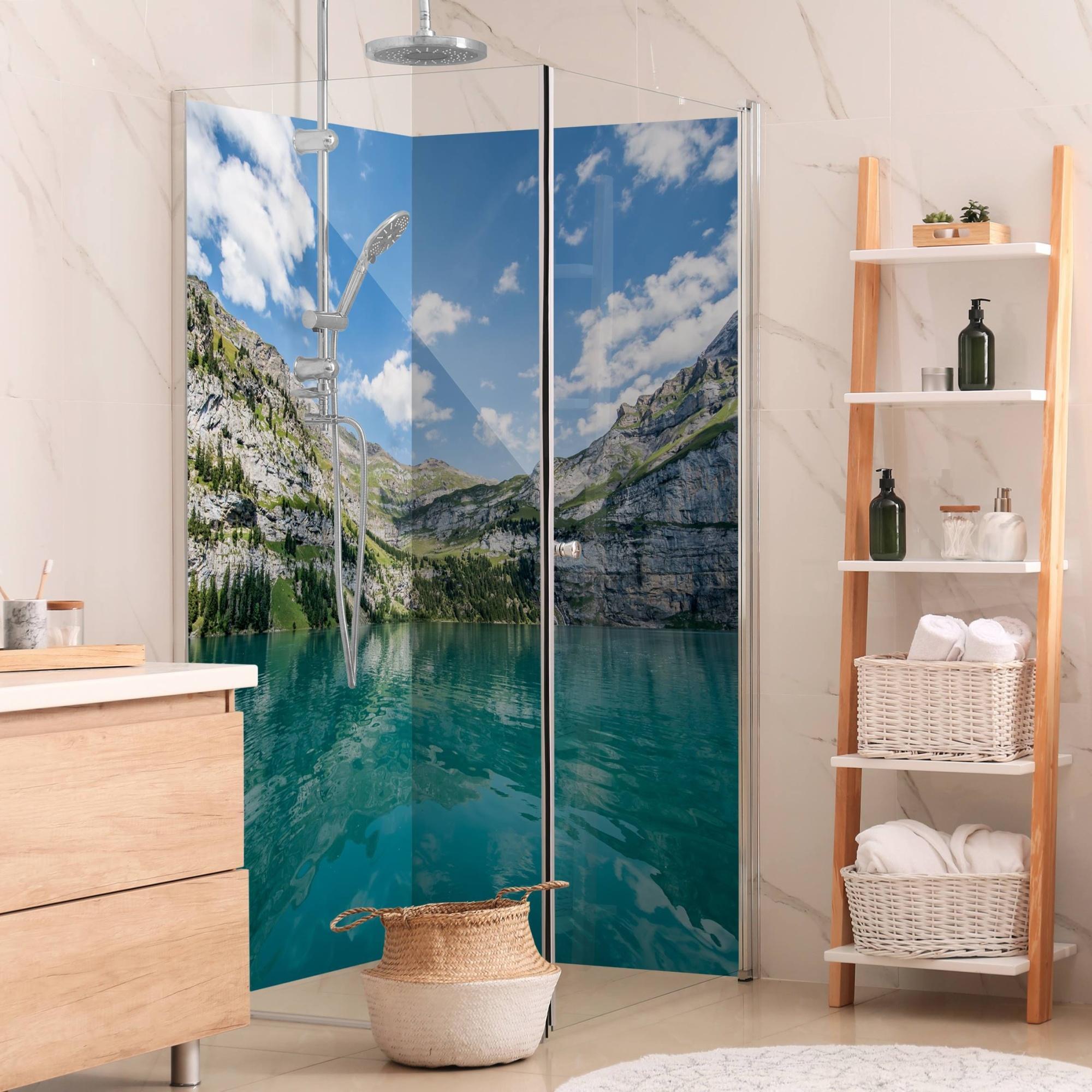 Duschrückwand Natur selbstklebend - 0.61 mm Wandpaneel wasserfest Schweiz blau Motiv Badrückwand fugenlos Premium matt 110x210 cm