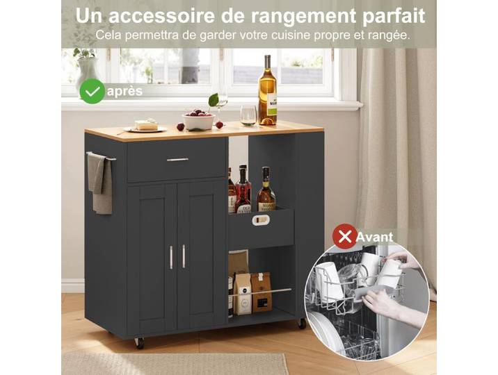 Desserte Armoire de cuisine mobile noir avec plan de travail chêne tiroir armoire étagères ouvertes 3 porte-épices et roulettes