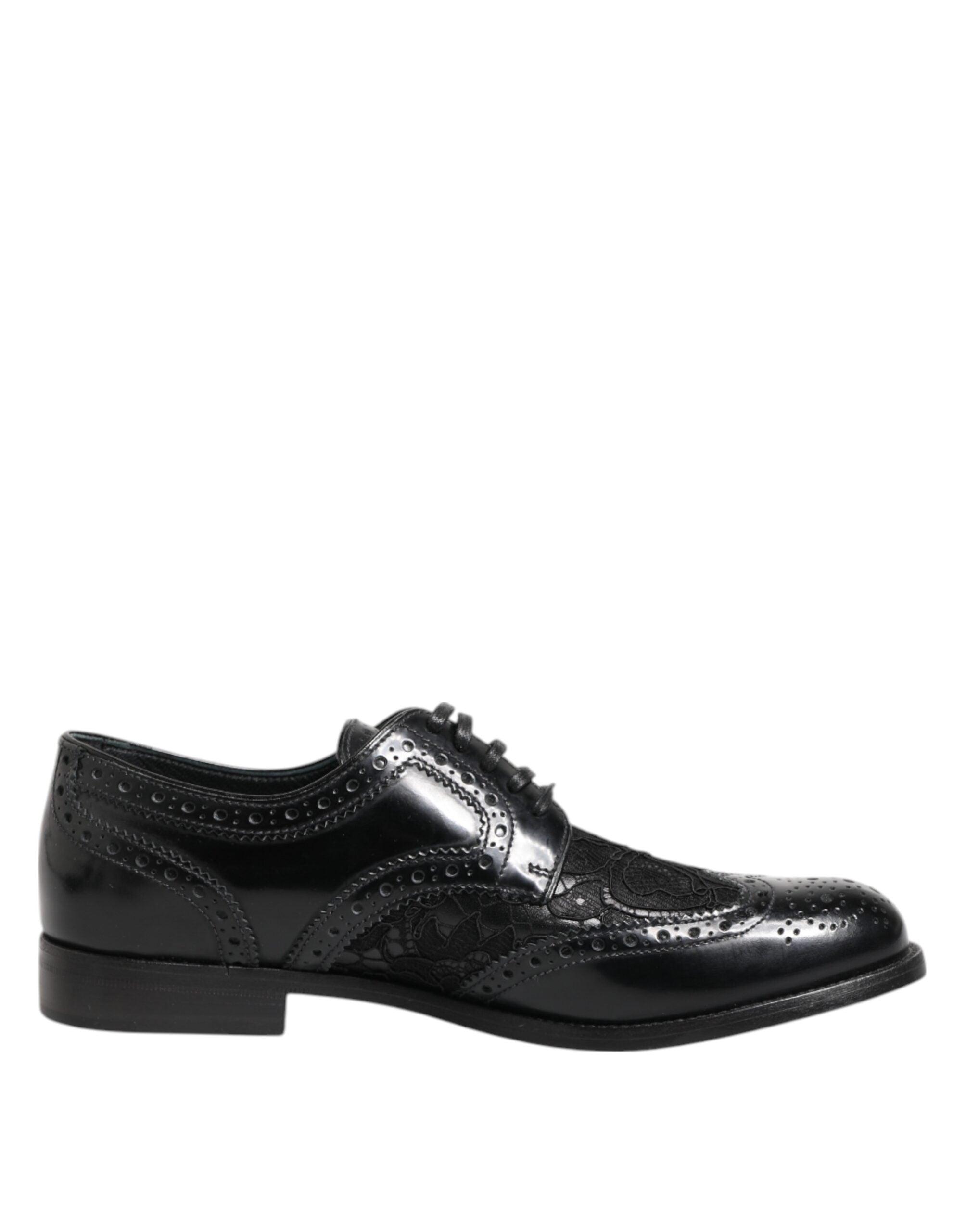 Dolce & Gabbana Schwarze Leder Blumen-Spitzenformelle Schuhe