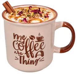 Kaffeebecher XL 500ml Jumbobecher Steingut Rosa Kaffee Spruch Tee Kakao