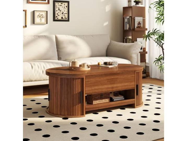 BXEYXE Couchtisch mit Hebefunktion, Wohnzimmertisch mit verstecktem Stauraum, moderner Sofatisch mit Rillenstruktur, seitlichen Schiebetüren und praktischem Stauraum, multifunktionaler Kaffeetisch