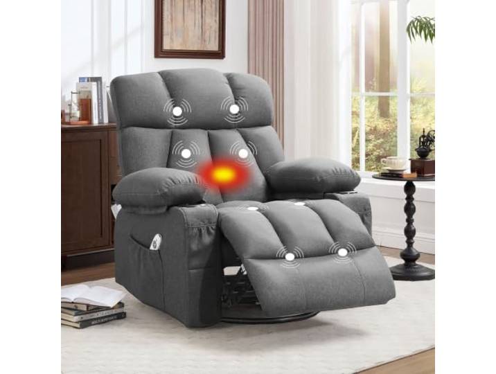 Bosmiller Elektrisch Relaxsessel mit Liegefunktion, Fernsehsessel mit Wärmefunktion, 2 Seitentaschen Getränkehalter, Aus Stoff TV-Sessel mit 360°-Drehung für Wohnzimmer