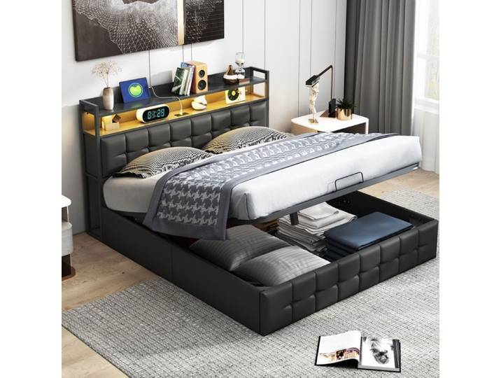 Lit coffre 160x200 - SUNFECILI - PU Noir - Avec sommier - LED - Design contemporain