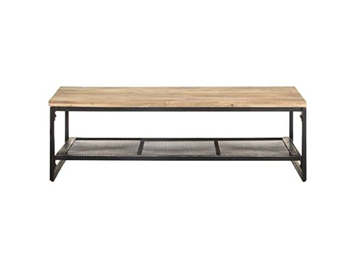 RJPLMFV Couchtisch, Mangoholz, massiv, 110 x 60 x 35 cm Mit Ablagefach, stabile Eisenbeine, einzigartiger rustikaler Stil