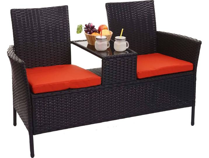 Poly-Rattan Sitzbank mit Tisch HWC-E24, Gartenbank Sitzgruppe Gartensofa, 132cm - schwarz, Kissen terracotta