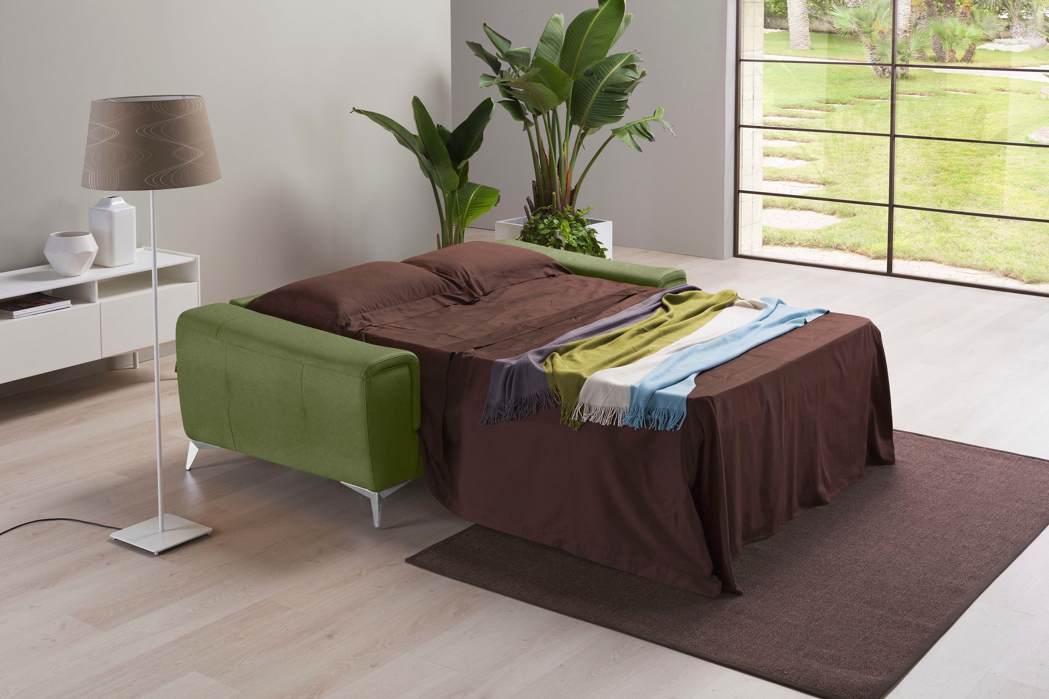 Schlafsofa EGOITALIANO "Francine Designsofa, Loungesofa mit Dauerschlaffunktion, Breite 233 cm", grün (kiwi), B:233cm H:100cm T:106cm, Sofas, Schlafsofa, mit Bettfunktion, Luxus-Microfaser BLUSH, kiwi, Fussfarbe chrom kiwi B/H/T: 233cm x 100cm x 106cm, Lu