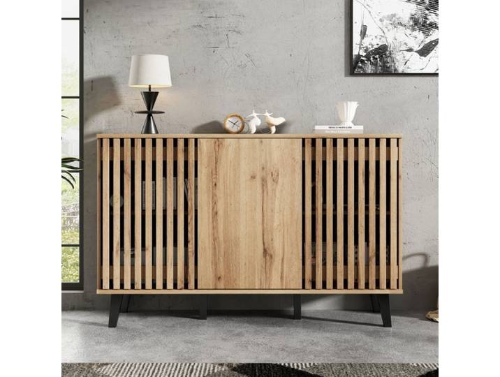 Bladez - Buffet 150x40x95 cm avec 3 portes et 6 compartiments design moderne - Naturel & Noir