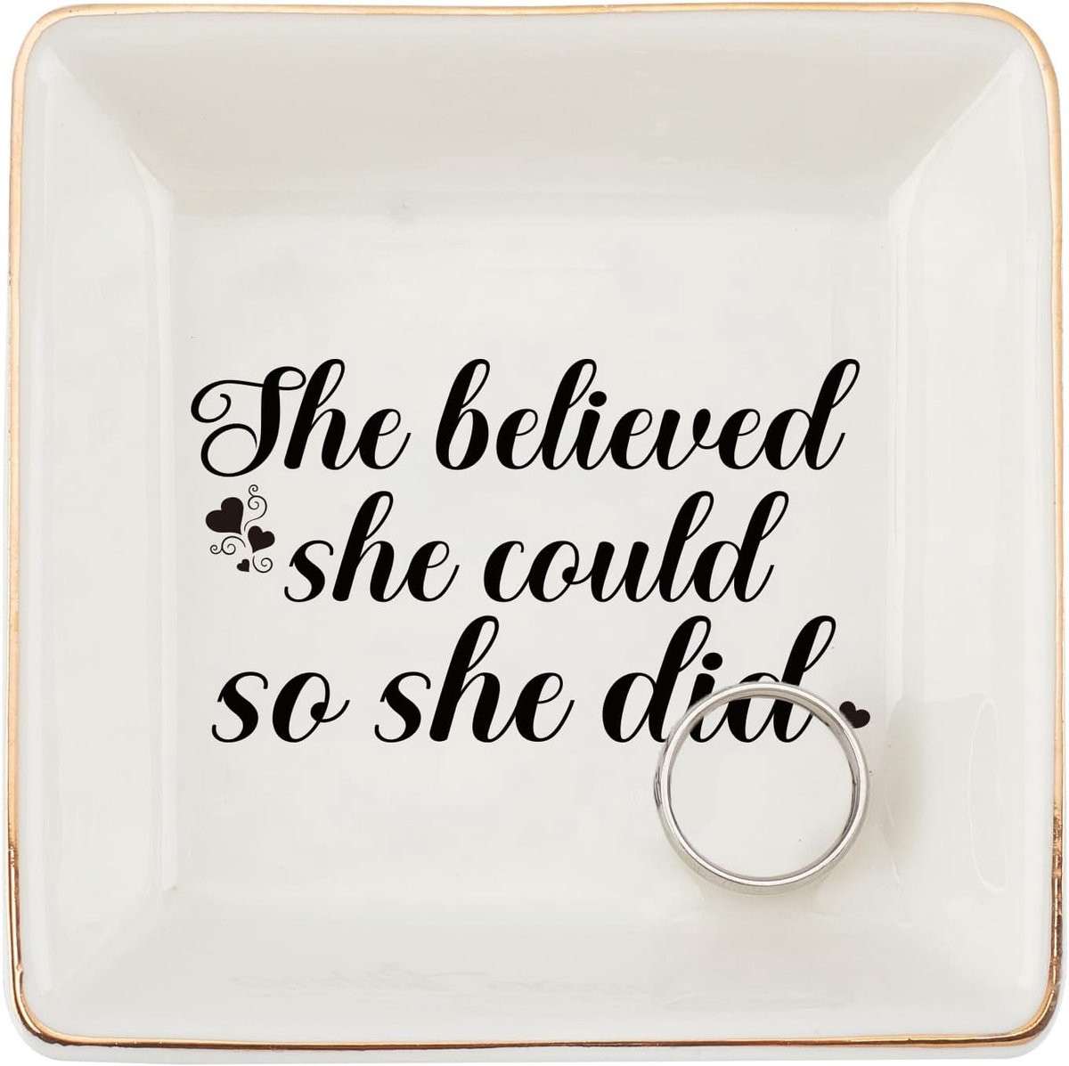 Inspirerende Keramische Sieradenschaal - Vierkante Ringhouder met Quote voor Slaapkamer Decoratie