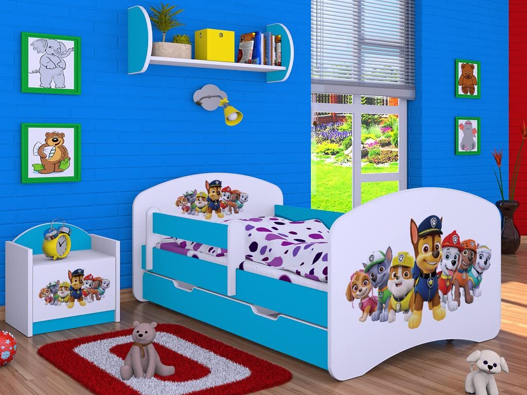 BDW, Kinderbett mit Rausfallschutz, Matratze, Schublade, Blau Superhund, 3, 190x90cm